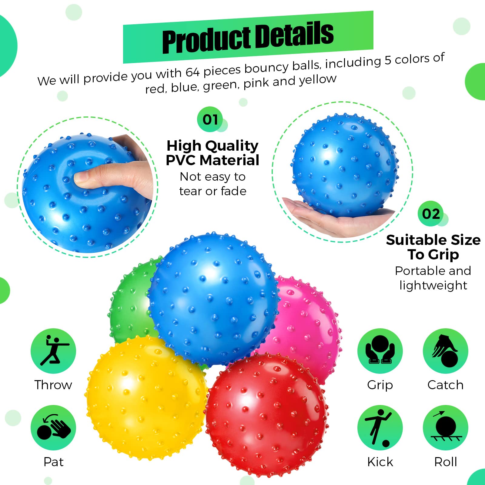 64 Pieces 6.3 Inch Knobby Balls for Kids Sensory Balls with Air Pump Small Inflatable Bouncy Balls Soft Spiky Toddler Ball Bounce Party Favors Summer Beach Pool Baby Massage Stress Play Set, 5 Colors