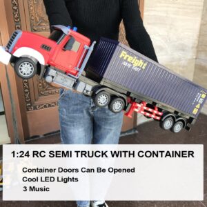 RC Semi Truck with Trailer - 22.5 Inch Semi Truck Toy for Kids, Carrier Van Transport Vehicle with 2 Rechargeable Batteries, 1:24 Container Truck with LED Lights & Music, Great Gift For Boys Girls