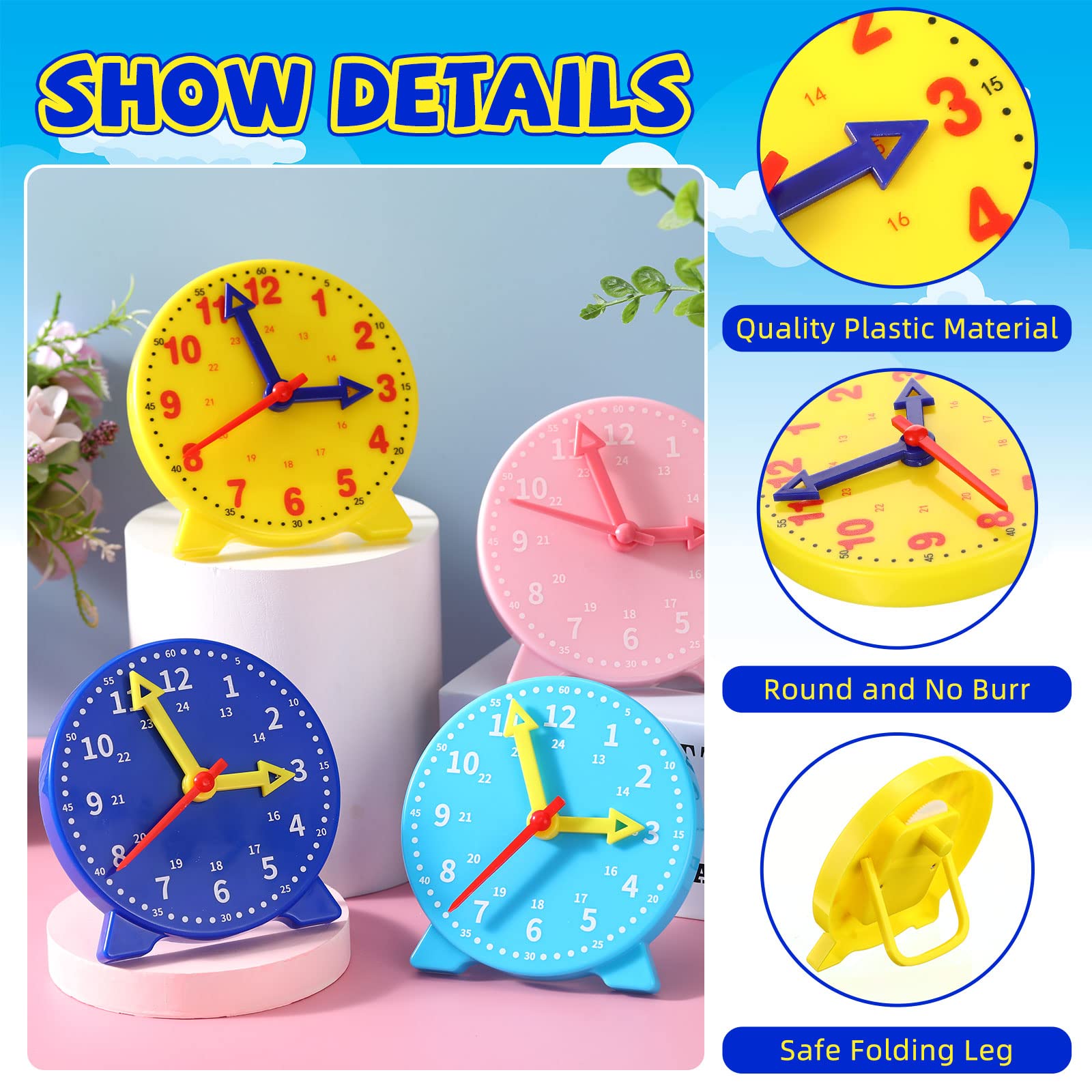 Batiyeer 24 Pcs Teaching Clock Kit for Kids to Tell Time Teaching Clock Mini Geared Clock for Kids Basic Math Development Teacher and Classroom Supplies, 4 Inch (Dark Blue, Yellow, Pink, Sky Blue)