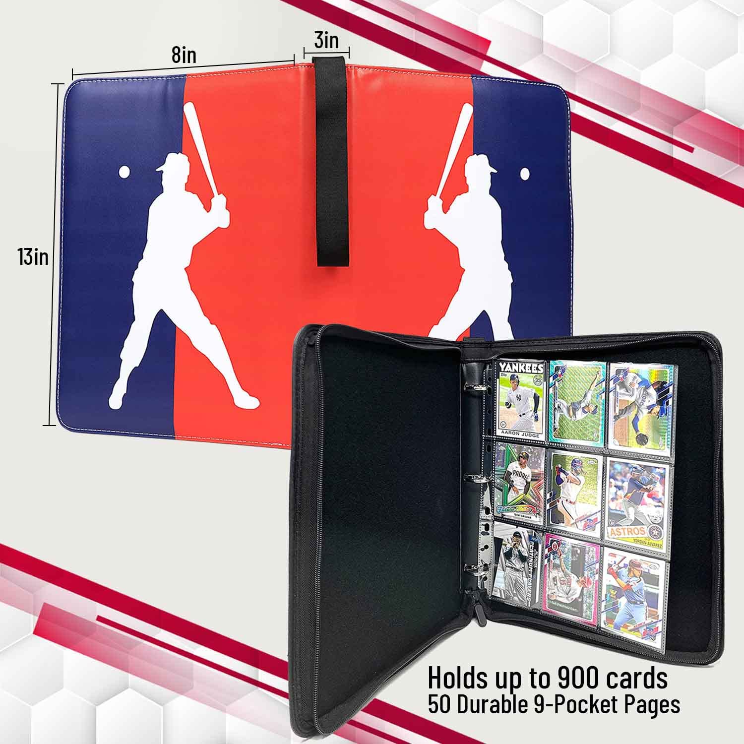 Baseball Card Binder with Sleeves - 3 Ring Waterproof Card Album with 50 Sleeves, Zipper Close, Large Capacity Card Holder Stores 900 Sports Cards (Baseball)