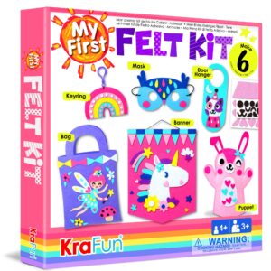 krafun my first beginner felt kit unicorn girl animal craft for kids, toddlers, boys, girls age 3-6 years old, include 6 diy handmade arts and crafts projects, activities preschool creative toys