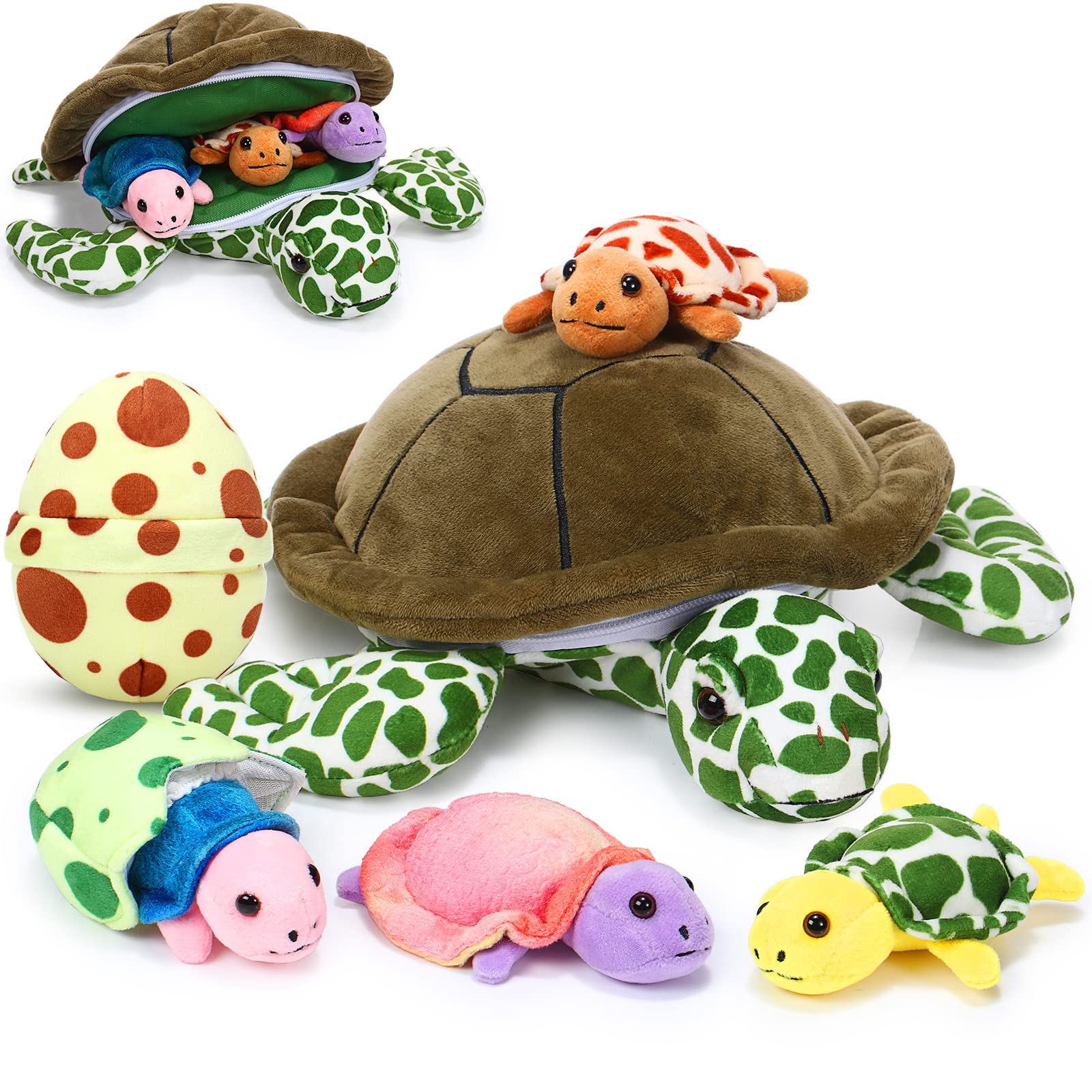 Aoriher 6 Pieces Plush Turtle Set 12 Inch Stuffed Sea Turtle Mom with 3 Little Plush Turtles and 2 Plush Turtle Eggs Soft Plush Stuffed Animal Toys Tortoise Hugging for Valentine's Day Party (Modern)