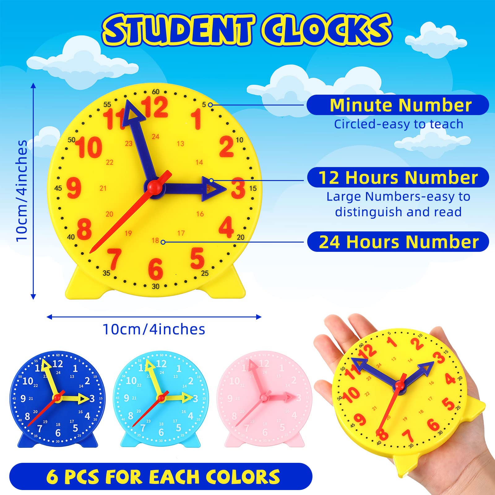 Batiyeer 24 Pcs Teaching Clock Kit for Kids to Tell Time Teaching Clock Mini Geared Clock for Kids Basic Math Development Teacher and Classroom Supplies, 4 Inch (Dark Blue, Yellow, Pink, Sky Blue)