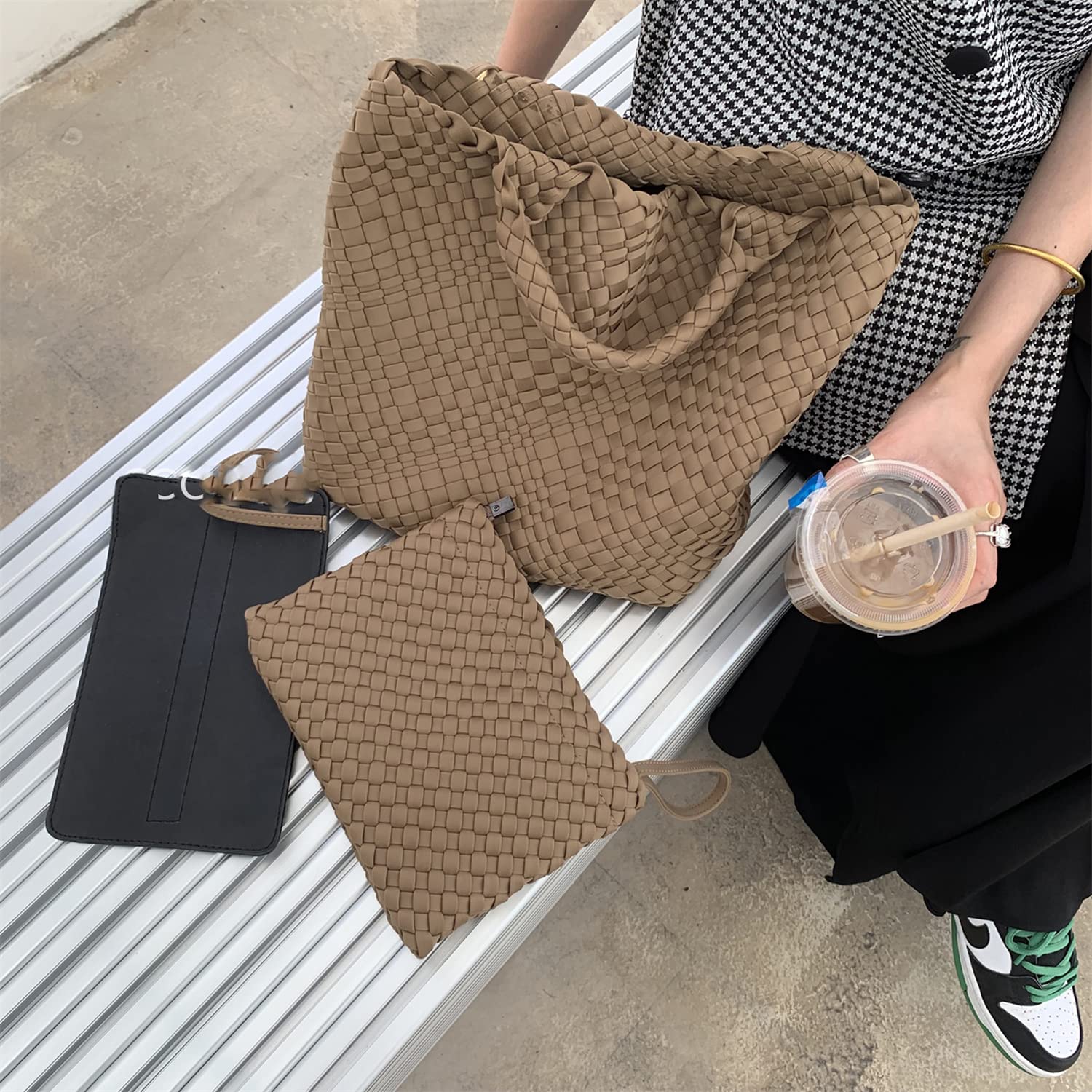 Fashion Hobo Bag Handmade Woven Casual Female Handbag Large Capacity Neoprene Tote Bag Patchwork Women Shoulder Bags (Khaki)