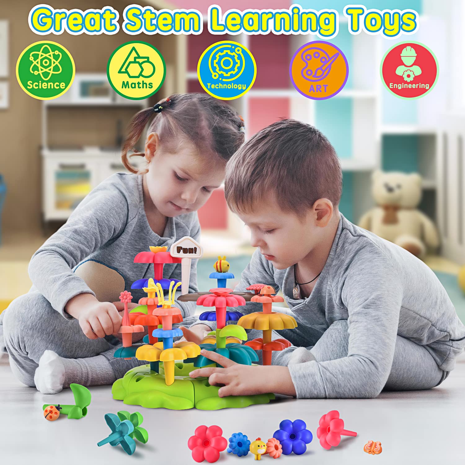 Kreadns Toys for Toddler Girls 2 3 4 Year Old, Flower Garden Building Toys Set, Gardening Pretend Toy, Creativity Stacking Block Games for Age 3+ yr Kids