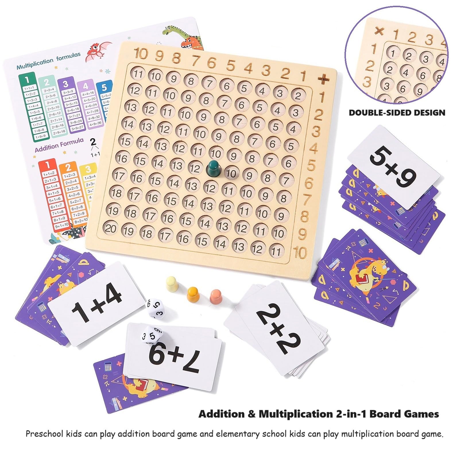 2 in 1 Multiplication Addition Math Board Game for Kids - Wooden Montessori Math Toys for Girls Boys 4 5 6 7 8 9 Years Old Wood Double Sided Board Table Dice Card Games for Family