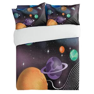 Full Duvet Covers Cartoon Universe Spaceship Planet Stars Dot 3-Piece Bedding Sets Luxury Soft Microfiber Bed Comforter Protector with Pillow Cases All Seasons Use for Women Men Girl Boy Black