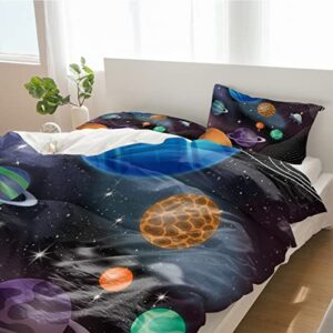 Full Duvet Covers Cartoon Universe Spaceship Planet Stars Dot 3-Piece Bedding Sets Luxury Soft Microfiber Bed Comforter Protector with Pillow Cases All Seasons Use for Women Men Girl Boy Black