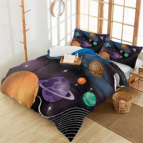 Full Duvet Covers Cartoon Universe Spaceship Planet Stars Dot 3-Piece Bedding Sets Luxury Soft Microfiber Bed Comforter Protector with Pillow Cases All Seasons Use for Women Men Girl Boy Black