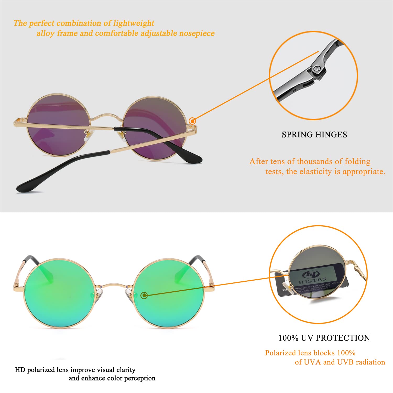 HJSTES Round Polarized Sunglasses Womens Men Retro Circle Lennon Glasses Hippie Shades(Gold/Green Mirrored)