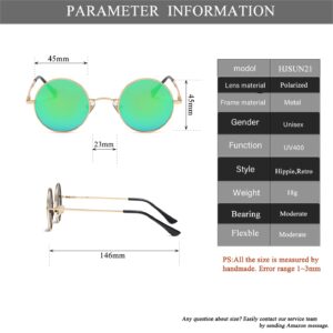 HJSTES Round Polarized Sunglasses Womens Men Retro Circle Lennon Glasses Hippie Shades(Gold/Green Mirrored)