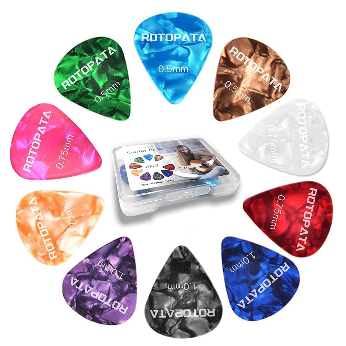 15 Pack Guitar Picks Plectrums with Organizer Storage Box, 0.5 0.75 1.0 mm Includes Thin Medium Heavy Thickness, Variety Colorful Celluloid Plectrums for Bass Electric Acoustic Guitars Ukulele