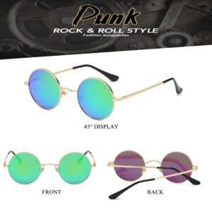 HJSTES Round Polarized Sunglasses Womens Men Retro Circle Lennon Glasses Hippie Shades(Gold/Green Mirrored)