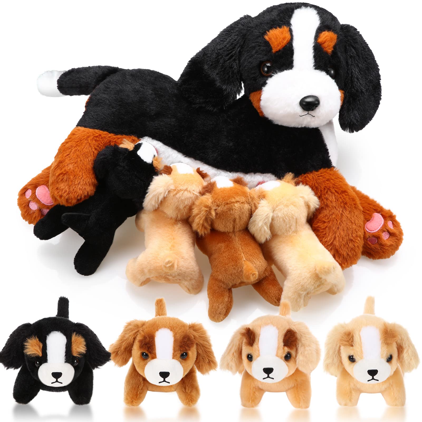 HyDren Nurturing Bernese Mountain Dog Plush Toy Set 15 Inch Nursing Mommy Dog Stuffed Animal with 4 Stuffed Magnetic Baby Puppies for Kids Birthday Graduation Children's Day Gifts Pet Party Favors