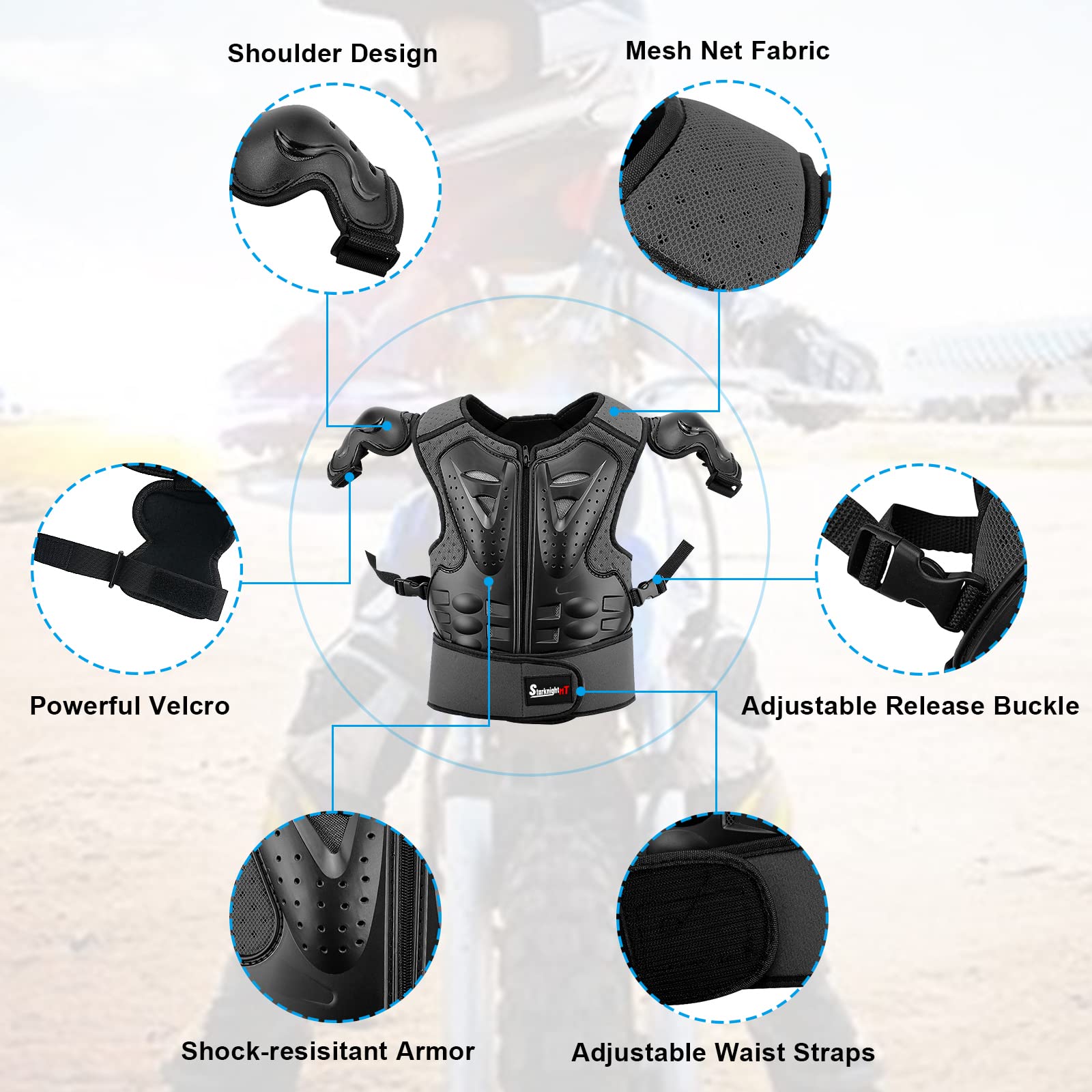 StarknightMT 2 Sets Kids ATV Riding Gear - Protective Shoulder Pad Chest Back Spine Protector with Quick Release Straps(Black+Red)