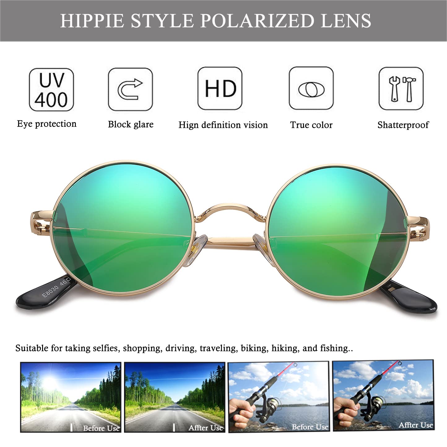 HJSTES Round Polarized Sunglasses Womens Men Retro Circle Lennon Glasses Hippie Shades(Gold/Green Mirrored)