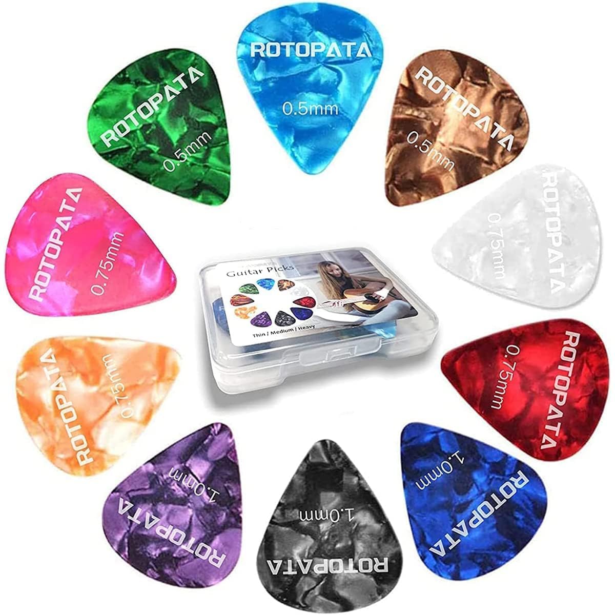 30 Pack Guitar Picks Plectrums with Organizer Storage Box, 0.5 0.75 1.0 mm Includes Thin Medium Heavy Thickness, Variety Colorful Celluloid Plectrums for Bass Electric Acoustic Guitars Ukulele