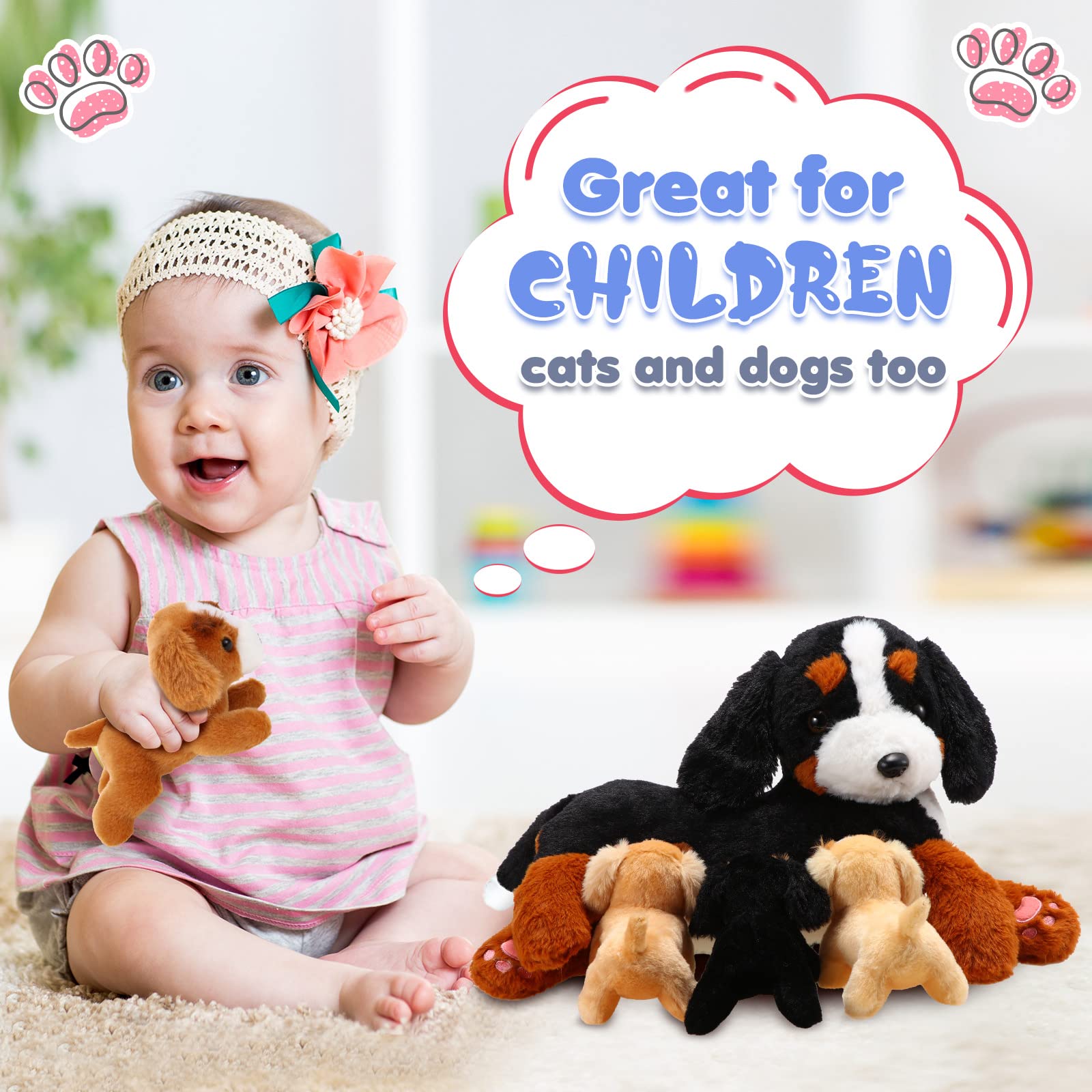 HyDren Nurturing Bernese Mountain Dog Plush Toy Set 15 Inch Nursing Mommy Dog Stuffed Animal with 4 Stuffed Magnetic Baby Puppies for Kids Birthday Graduation Children's Day Gifts Pet Party Favors