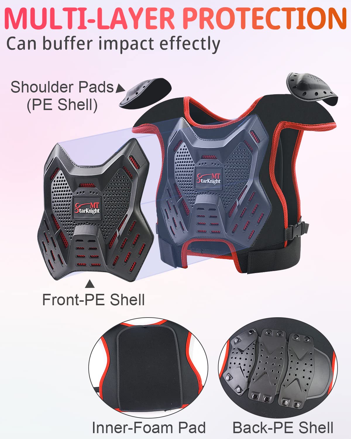 StarknightMT 2 Sets Kids ATV Riding Gear - Protective Shoulder Pad Chest Back Spine Protector with Quick Release Straps(Black+Red)