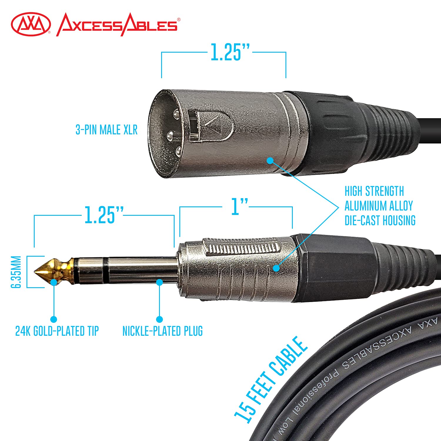 AxcessAbles TRS14-XLR115 1/4 (6.35mm) TRS to XLR Balance Male Audio Cable for Audio Interface, Guitar Microphone, Patch and Speaker Monitor (15ft) 2-Pack