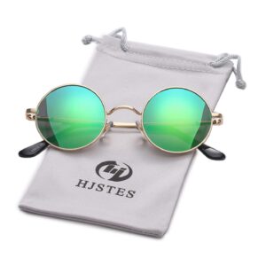 HJSTES Round Polarized Sunglasses Womens Men Retro Circle Lennon Glasses Hippie Shades(Gold/Green Mirrored)