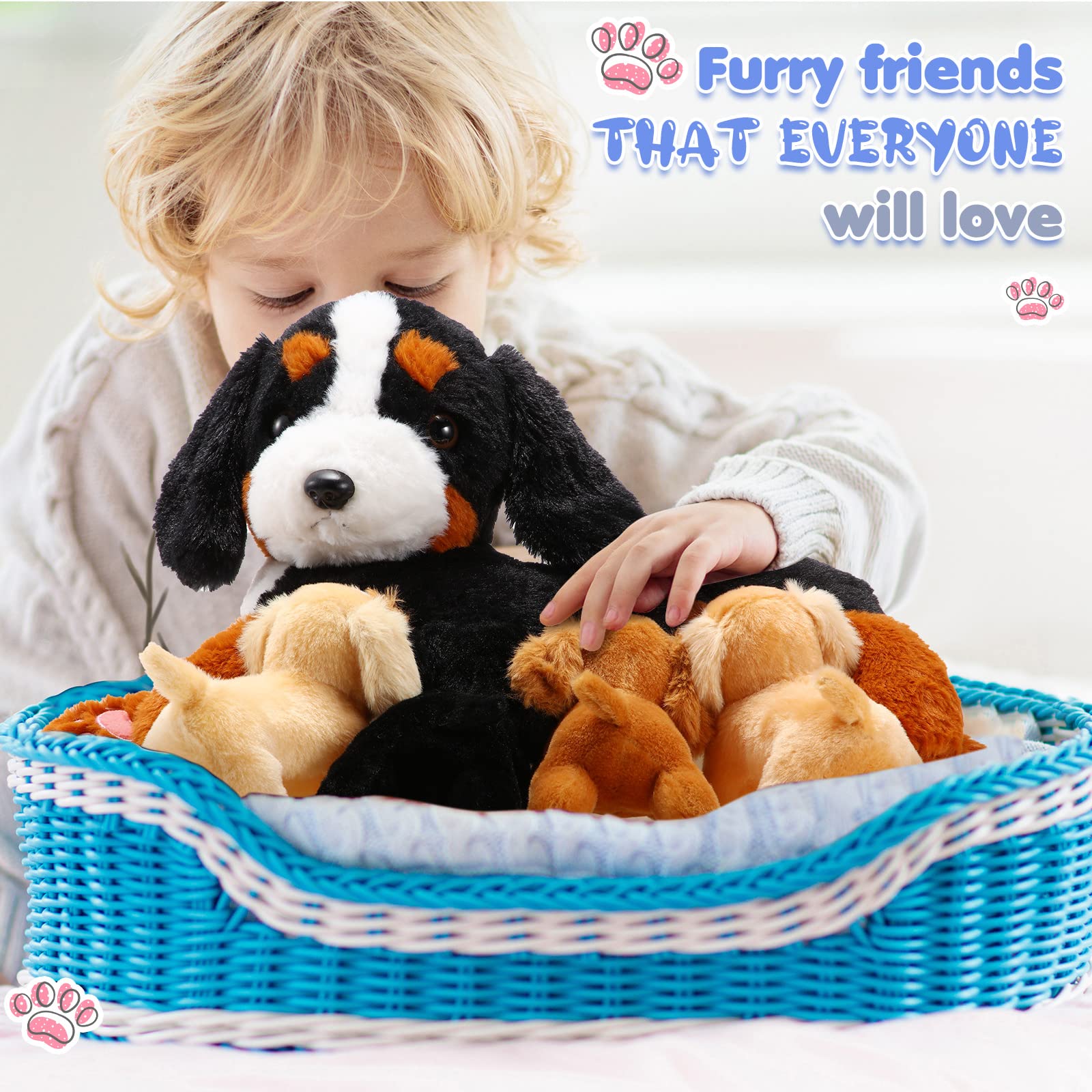 HyDren Nurturing Bernese Mountain Dog Plush Toy Set 15 Inch Nursing Mommy Dog Stuffed Animal with 4 Stuffed Magnetic Baby Puppies for Kids Birthday Graduation Children's Day Gifts Pet Party Favors