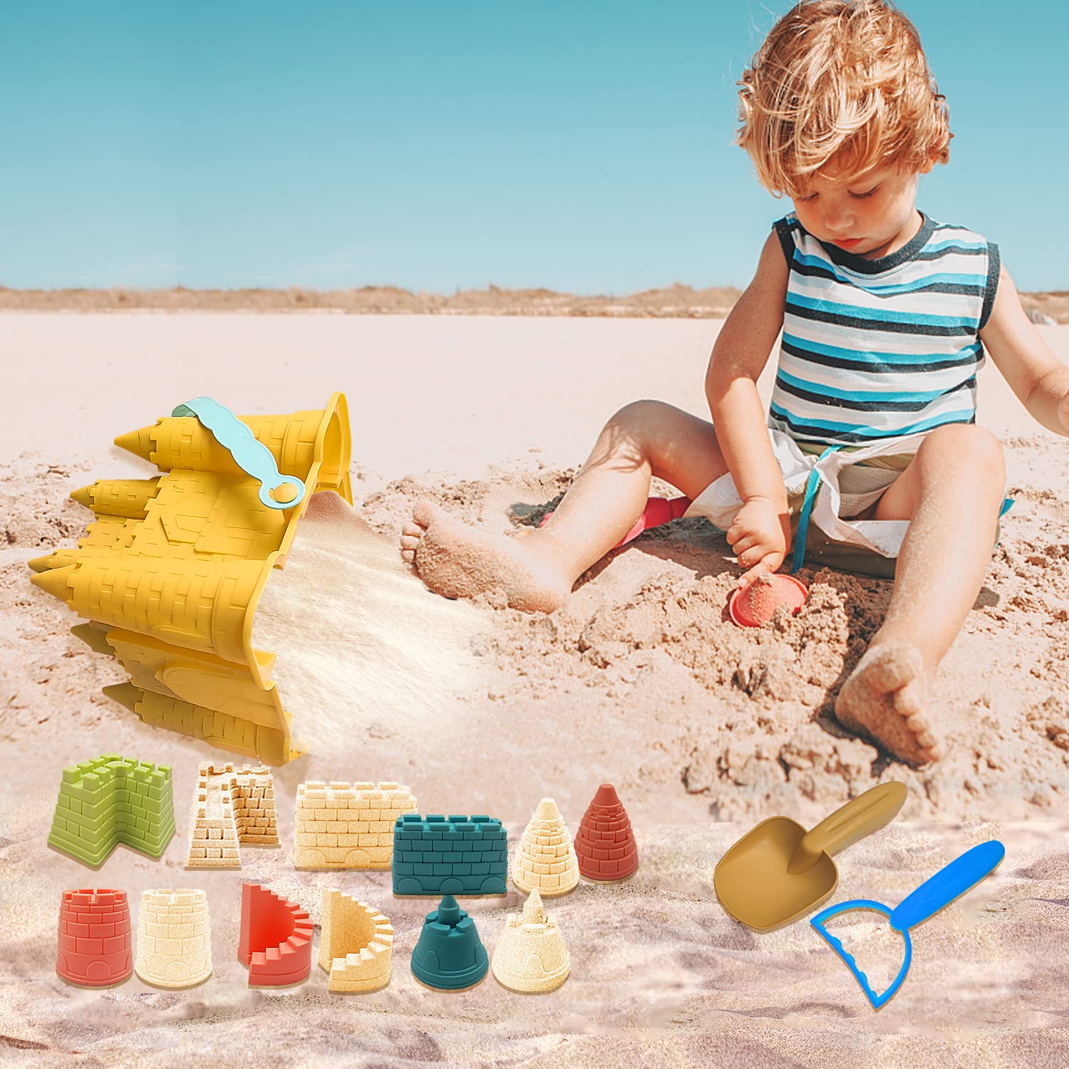 IOKUKI Beach and Sand Castle Kit, 12 PCS Sand Toys for Kids Outdoor with Sand Castle Bucket, Molds, Rake and Shovel, Great Toys for Beach