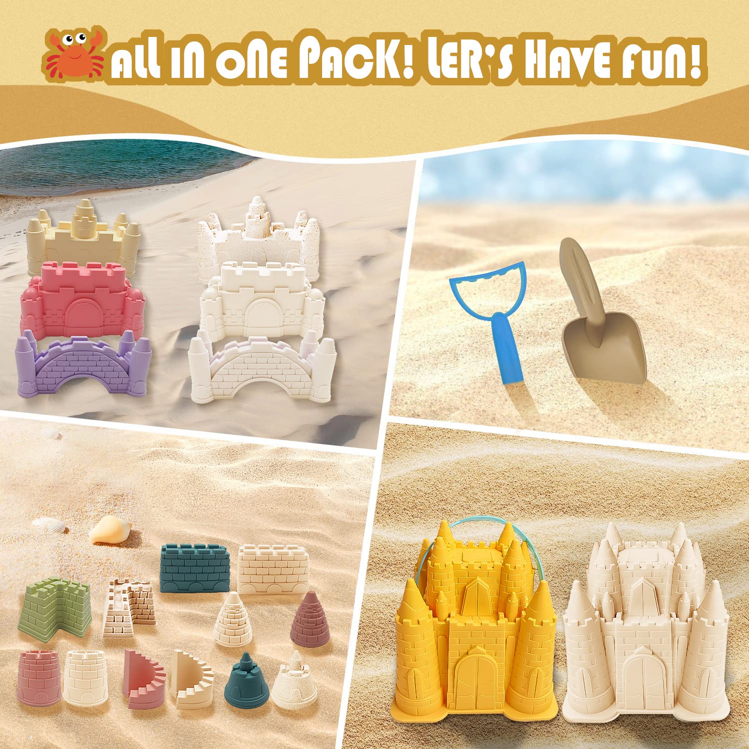 IOKUKI Beach and Sand Castle Kit, 12 PCS Sand Toys for Kids Outdoor with Sand Castle Bucket, Molds, Rake and Shovel, Great Toys for Beach