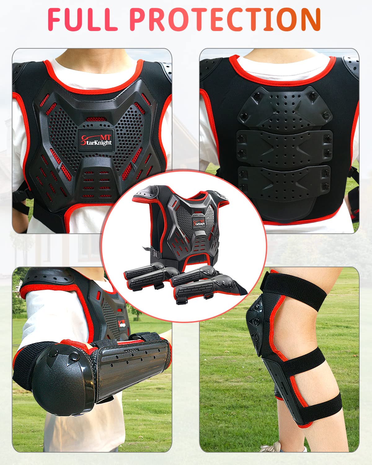 StarknightMT 2 Sets Kids ATV Riding Gear - Protective Shoulder Pad Chest Back Spine Protector with Quick Release Straps(Black+Red)