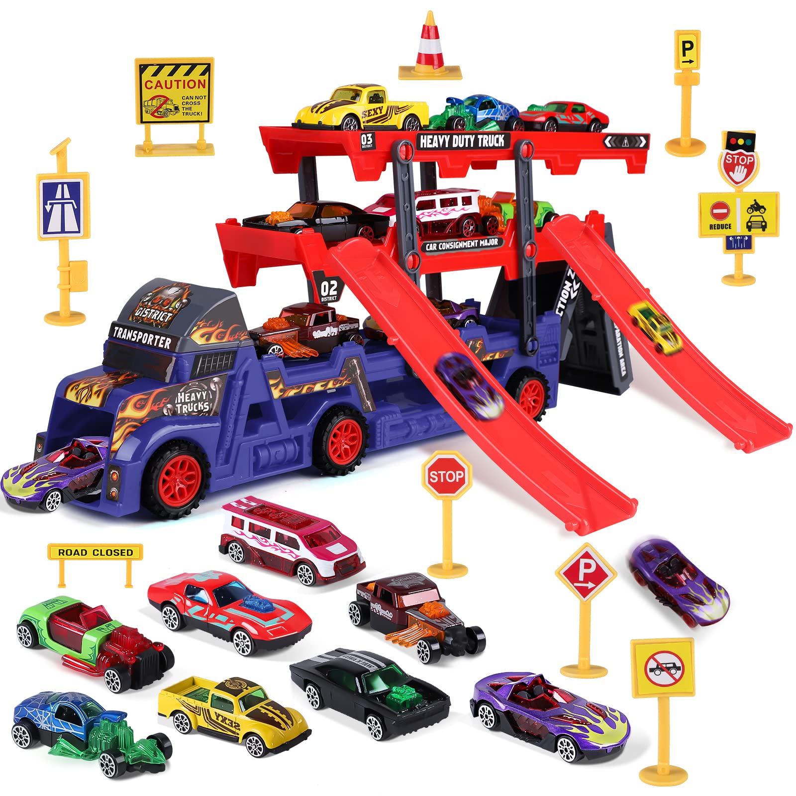 Toddler Boys Toys for 3-4 Year Old,Large Transport Cars Carrier Set Truck Launcher Toys with 8 Die-cast Vehicles Truck Toys Cars,Ideal Gift Toys for Kids Age 3-7