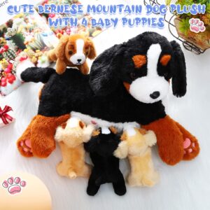 HyDren Nurturing Bernese Mountain Dog Plush Toy Set 15 Inch Nursing Mommy Dog Stuffed Animal with 4 Stuffed Magnetic Baby Puppies for Kids Birthday Graduation Children's Day Gifts Pet Party Favors