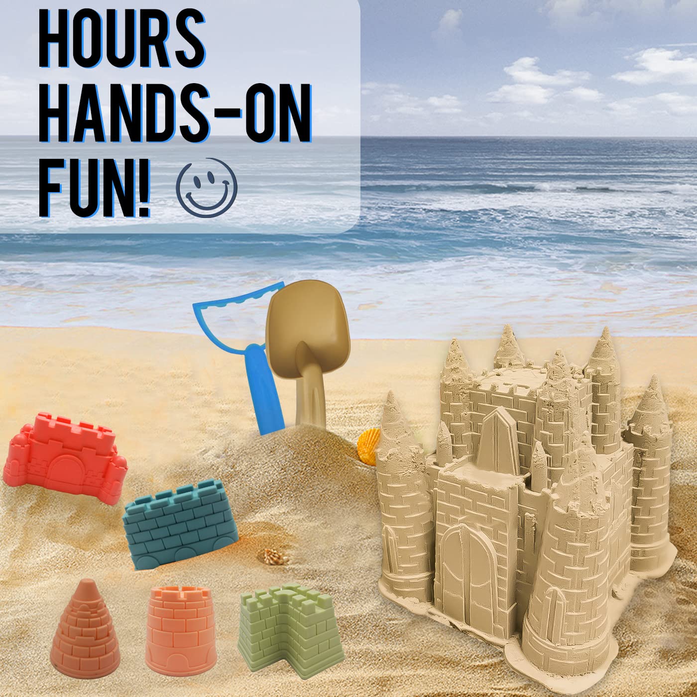 IOKUKI Beach and Sand Castle Kit, 12 PCS Sand Toys for Kids Outdoor with Sand Castle Bucket, Molds, Rake and Shovel, Great Toys for Beach