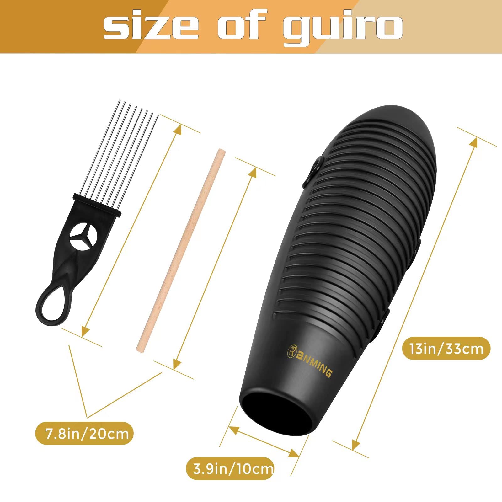 RANMING Guiro Instrument 3.9x13 Inch Super Guiro Fish Shaped Latin Percussion Instrument with 2 x Guiro Scraper Musical Training Tool for Beginners and Music Lover Black