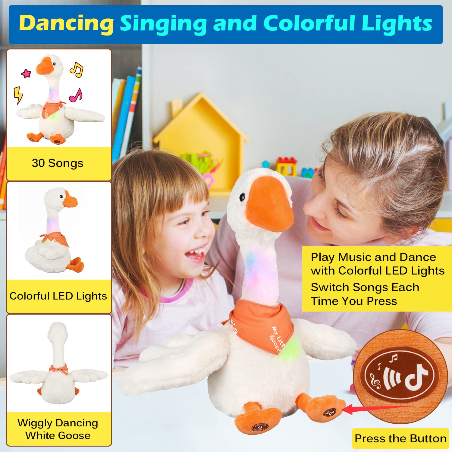 13" Talking Dancing Goose Swan Stuffed Animal Repeating What You Say Mimicking Recording Plush Baby Toy Musical English Song Singing Glowing Animated Twisting Gift Toy for Boy Kid