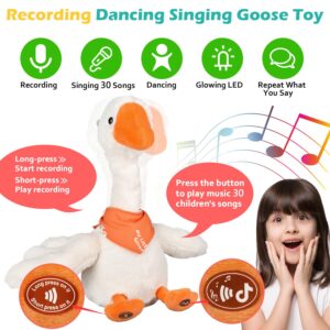 13" Talking Dancing Goose Swan Stuffed Animal Repeating What You Say Mimicking Recording Plush Baby Toy Musical English Song Singing Glowing Animated Twisting Gift Toy for Boy Kid