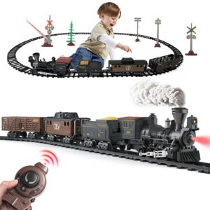 oliugei electric train set steam train toys for boys with remote control christmas train for under the trees with smokes,light & sounds, for 3 4 5 6 7+ years old kids