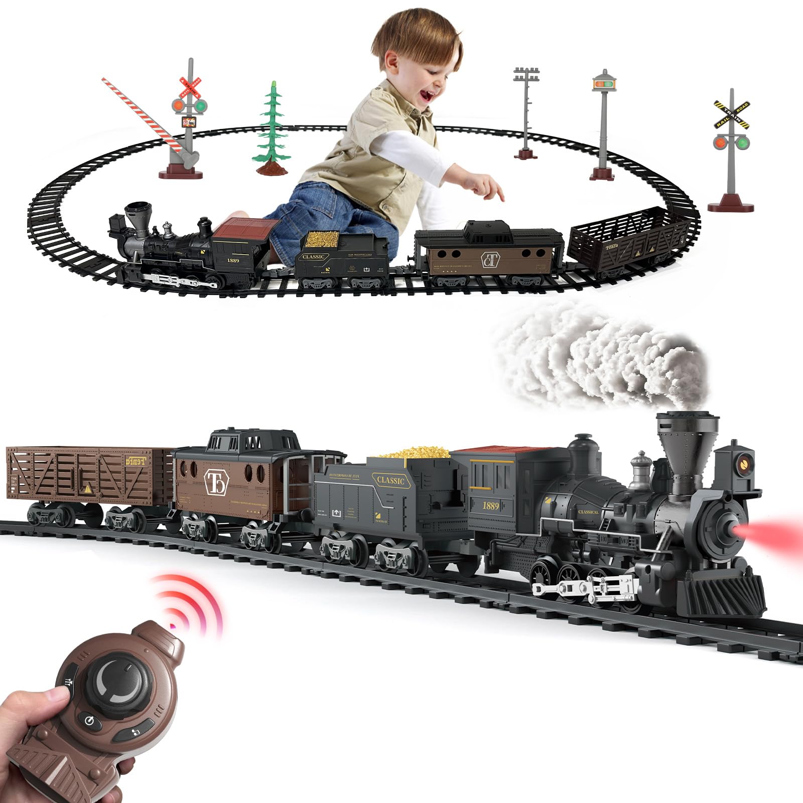 OLIUGEI Electric Train Set Steam Train Toys for Boys with Remote Control Christmas Train for Under The Trees with Smokes,Light & Sounds, for 3 4 5 6 7+ Years Old Kids