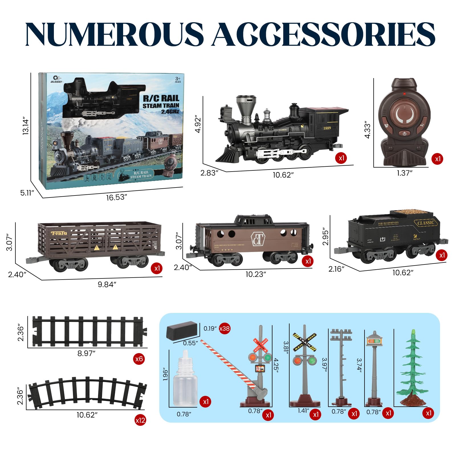 OLIUGEI Electric Train Set Steam Train Toys for Boys with Remote Control Christmas Train for Under The Trees with Smokes,Light & Sounds, for 3 4 5 6 7+ Years Old Kids