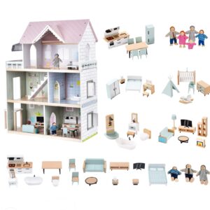 giant bean wooden dollhouse 2.6 feet high with elevator, doorbell, light,52 pieces furnitures and 8 dolls