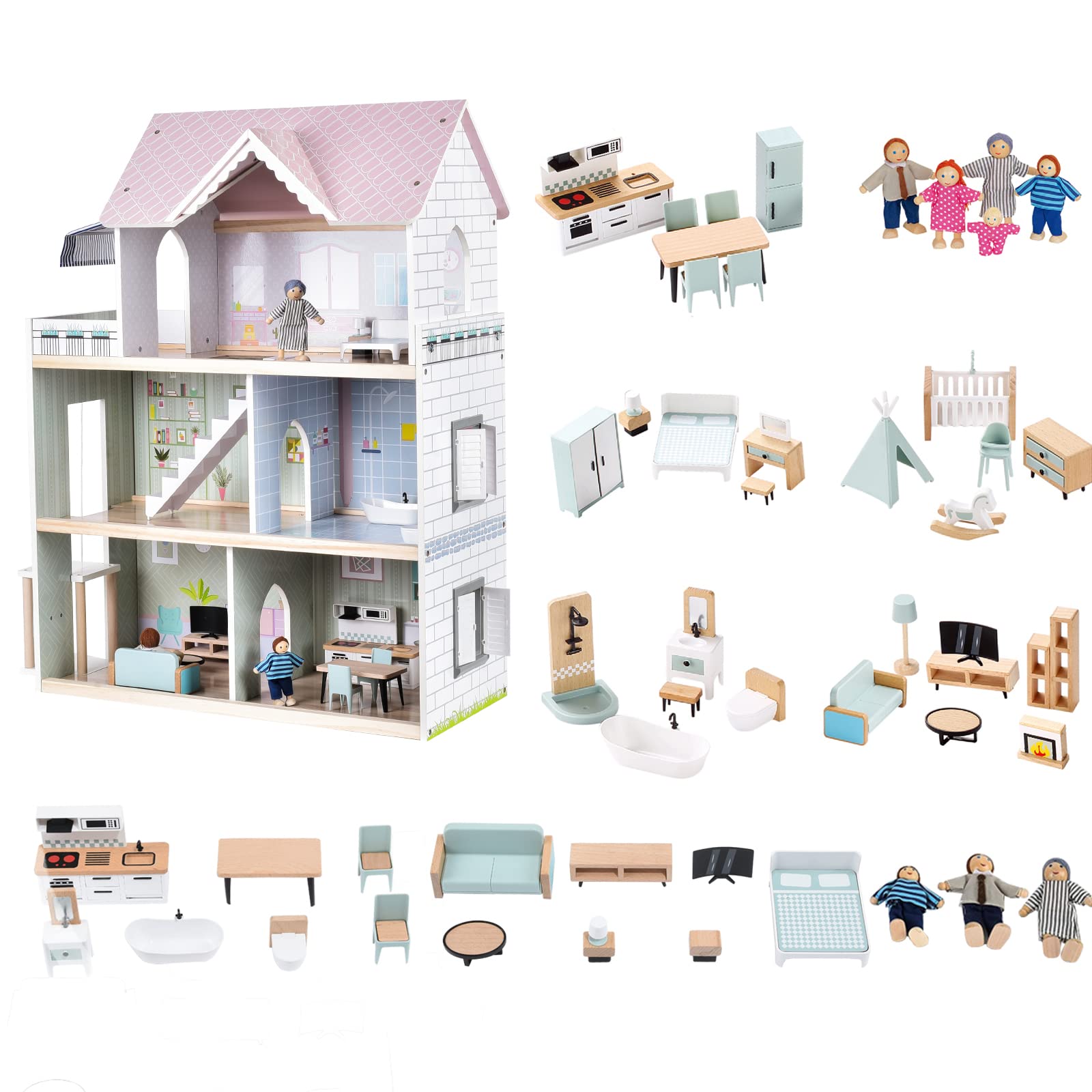 Giant Bean Wooden Dollhouse 2.6 feet High with Elevator, Doorbell, Light,52 Pieces Furnitures and 8 Dolls