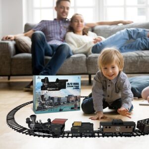 OLIUGEI Electric Train Set Steam Train Toys for Boys with Remote Control Christmas Train for Under The Trees with Smokes,Light & Sounds, for 3 4 5 6 7+ Years Old Kids