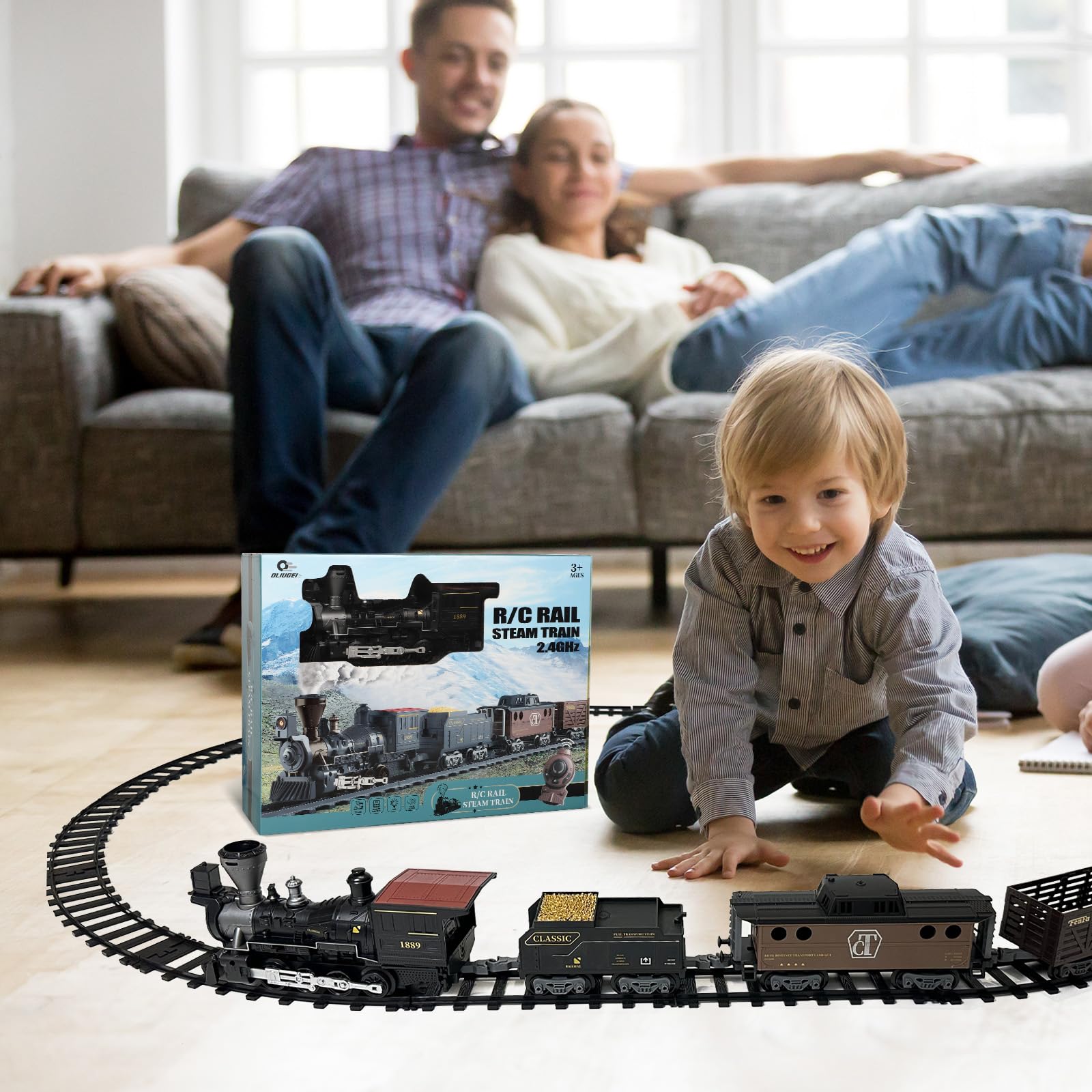 OLIUGEI Electric Train Set Steam Train Toys for Boys with Remote Control Christmas Train for Under The Trees with Smokes,Light & Sounds, for 3 4 5 6 7+ Years Old Kids