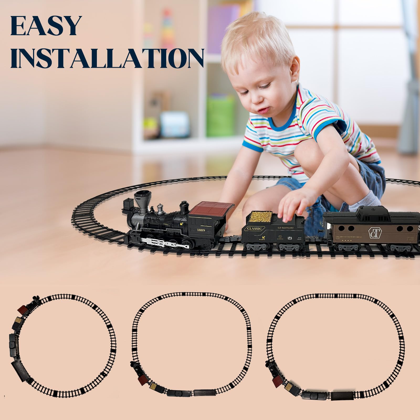 OLIUGEI Electric Train Set Steam Train Toys for Boys with Remote Control Christmas Train for Under The Trees with Smokes,Light & Sounds, for 3 4 5 6 7+ Years Old Kids