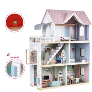 Giant Bean Wooden Dollhouse 2.6 feet High with Elevator, Doorbell, Light,52 Pieces Furnitures and 8 Dolls