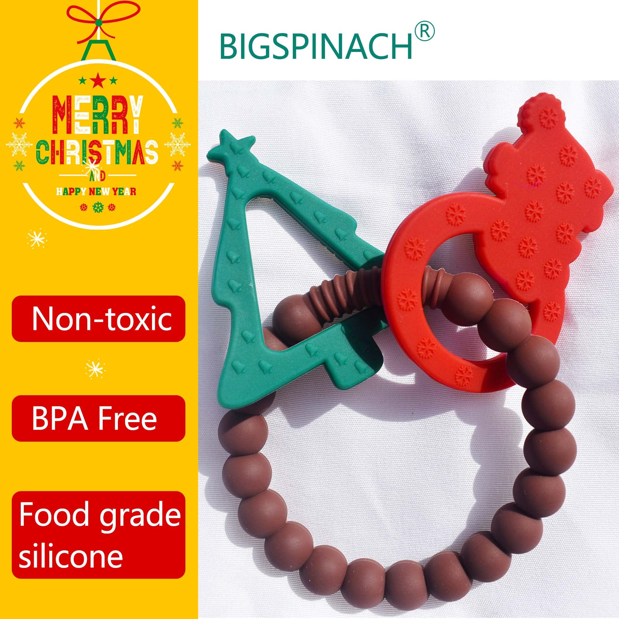 BIGSPINACH Baby's First Christmas Teether Christmas Tree and Christmas Bear Rattle Teething Ring Silicone Teething Toys for Kids Christmas Gifts or Christmas Stocking Filler