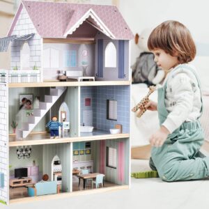 Giant Bean Wooden Dollhouse 2.6 feet High with Elevator, Doorbell, Light,52 Pieces Furnitures and 8 Dolls