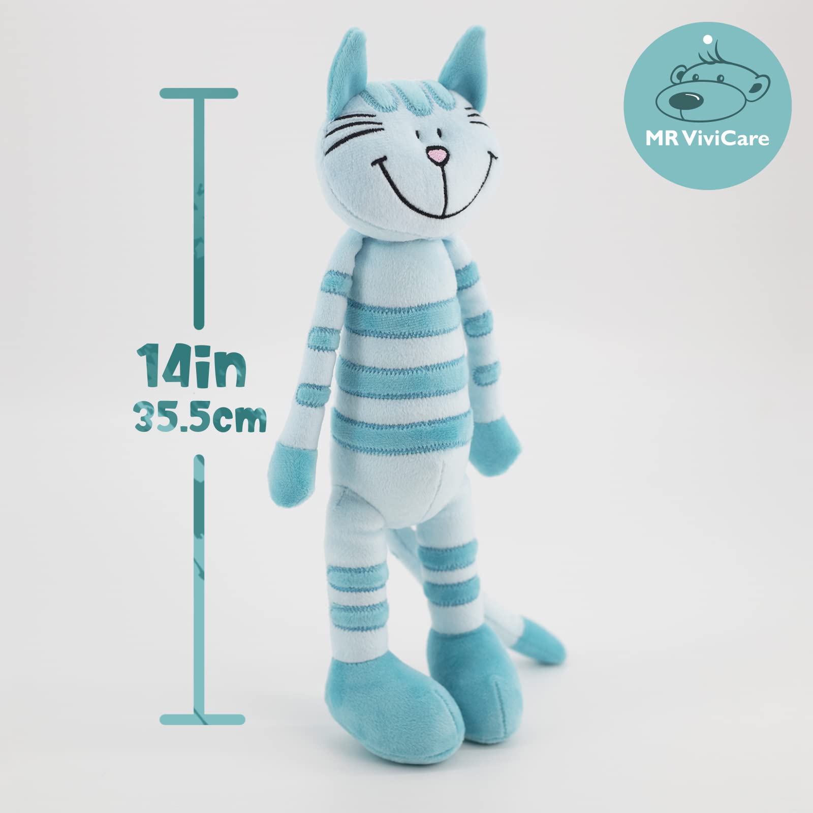 MR VIVICARE 14" Blue Stripe Standing Cat Stuffed Animals for Girls and Boys,Turquoise Stuffed Cat Plush Toys for Kids and Newborn Baby,Great Birthday, Machine Washable