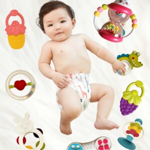 Baby Rattles Toys 10PCS Set, Infant Grab N Shake Teething Toys, Hand Bells and Spin Rattle