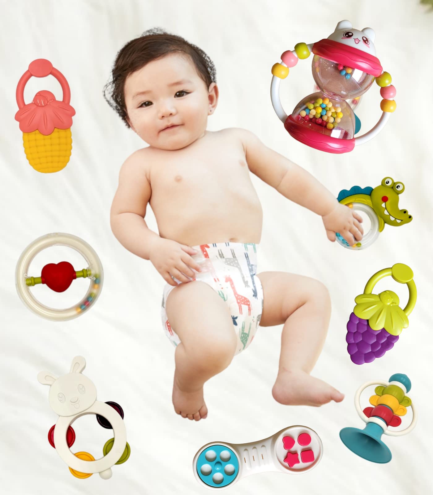 Baby Rattles Toys 10PCS Set, Infant Grab N Shake Teething Toys, Hand Bells and Spin Rattle