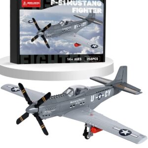 BOOLAKOS P-51 Mustang Fighter Bomber Building Blocks Sets, Military WW2 Airplane Building Toy, Collectible WW2 Army Model for Children Adults (258PCS)